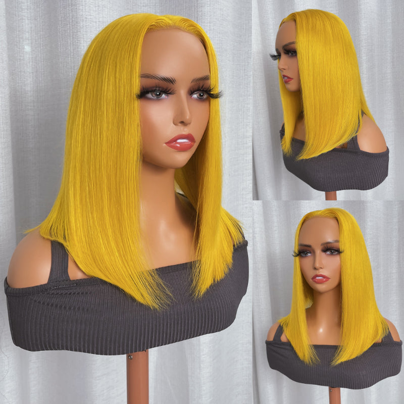 Flash Sale Sunber Lemon Yellow Straight Shoulder Length 13x4 Bob Lace Wig