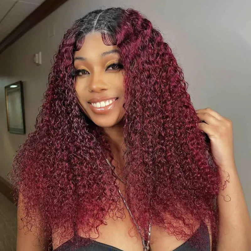 Flash Sale Sunber Ombre 99j Burgundy Colored Jerry Curly V Part Human Hair Wig Luxury Density