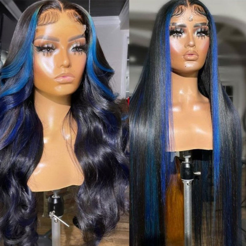 Sunber Body Wave 13x4 Lace Front Wigs Black With Blue Highlights Skunk Stripe Blue Dream