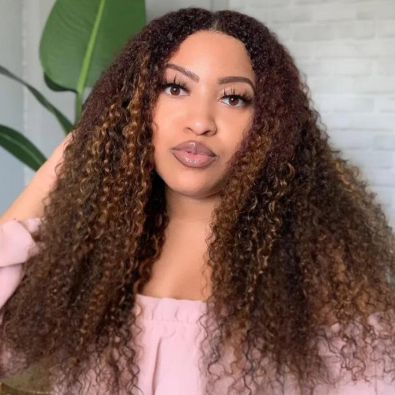 Flash Sale Sunber Piano Brown Highlight Jerry Curly 13X4 Lace Front Wigs