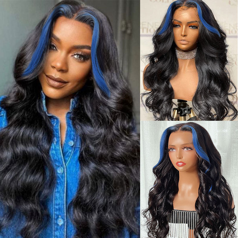 Sunber Body Wave 13x4 Lace Front Wigs Black With Blue Highlights Skunk Stripe Blue Dream