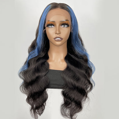 Sunber Body Wave 13x4 Lace Front Wigs Black With Blue Highlights Skunk Stripe Blue Dream