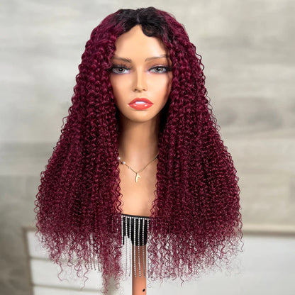 Flash Sale Sunber Ombre 99j Burgundy Colored Jerry Curly V Part Human Hair Wig Luxury Density