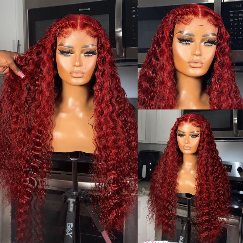 Sunber Burgundy Red 99J Deep Wave 13x4 Lace Front Wig with Baby Hair F