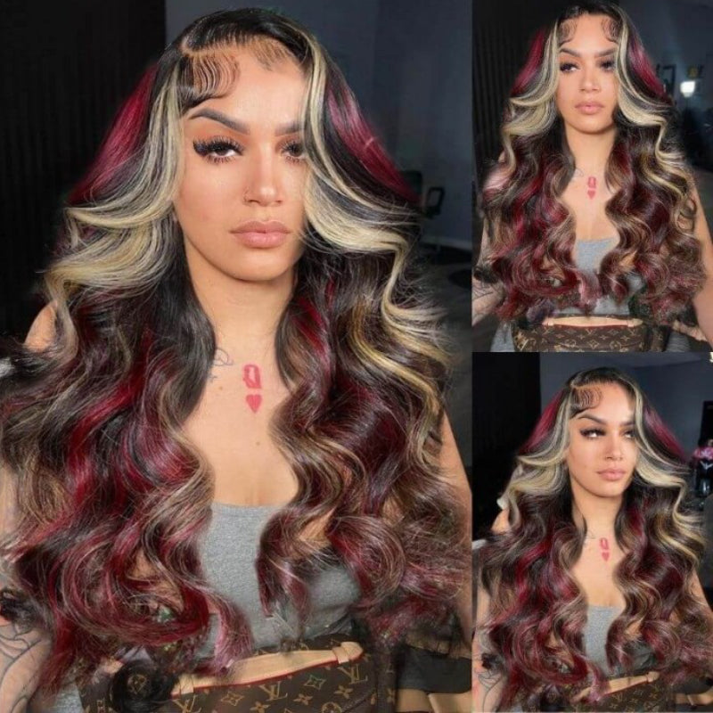 Sunber Black Hair With Blonde Red Highlights Body Wave 13x4 Lace Front Wig With Multi Color Highlights Human Hair