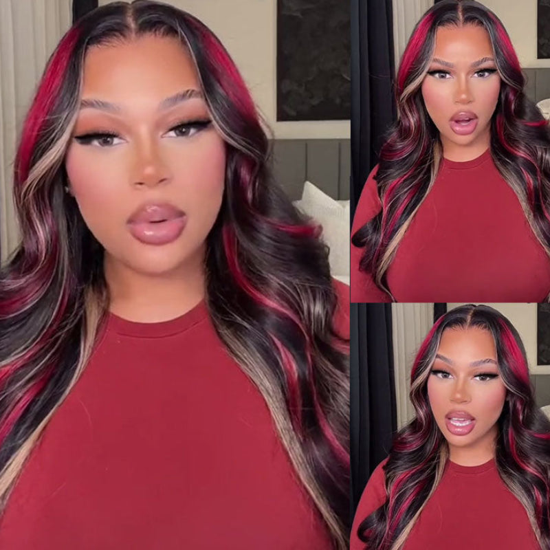 BOGO Sunber Black Hair With Blonde Red Highlights Body Wave 13x4 Lace Front Wig With Multi Color Highlights Human Hair