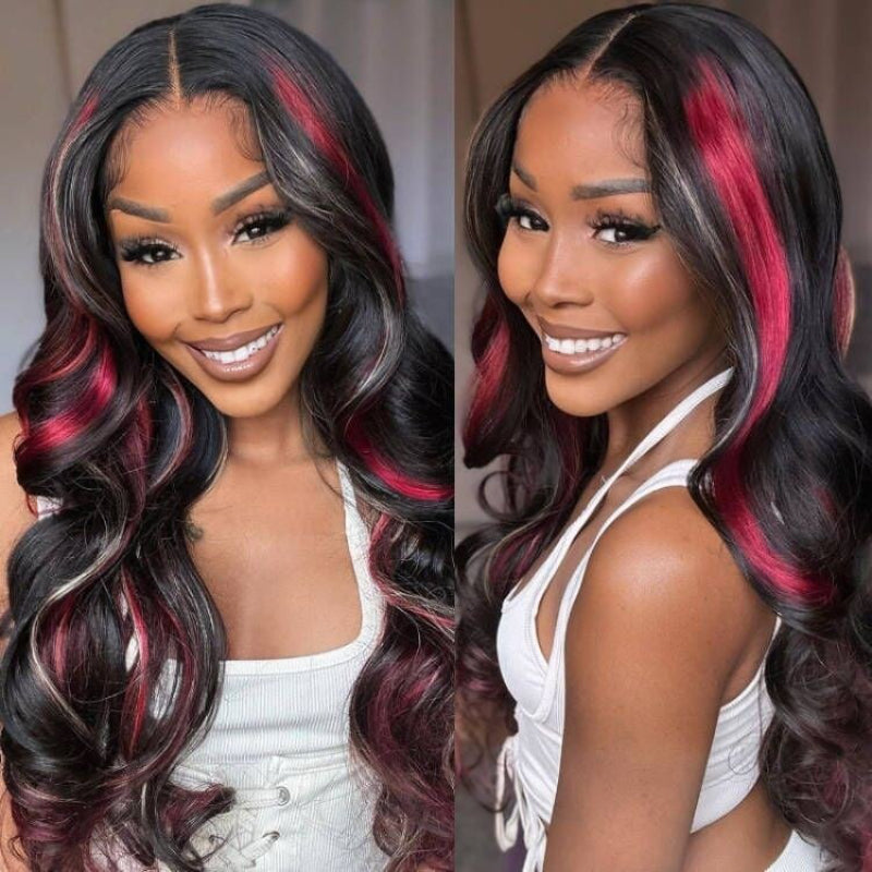 BOGO Sunber Black Hair With Blonde Red Highlights Body Wave 13x4 Lace Front Wig With Multi Color Highlights Human Hair