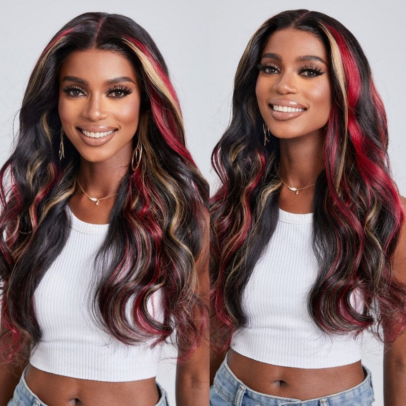 BOGO Sunber Black Hair With Blonde Red Highlights Body Wave 13x4 Lace Front Wig With Multi Color Highlights Human Hair