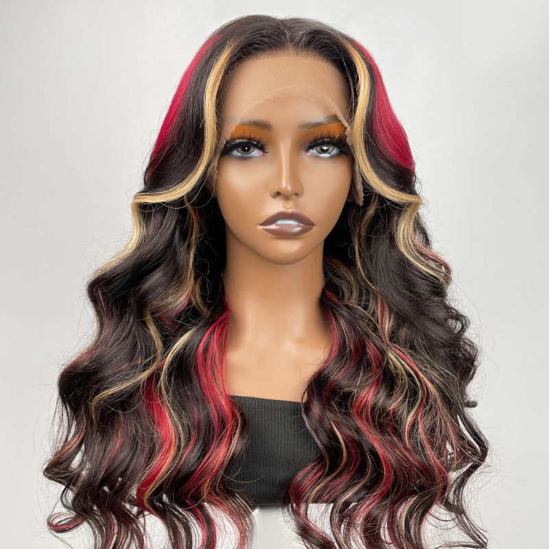 BOGO Sunber Black Hair With Blonde Red Highlights Body Wave 13x4 Lace Front Wig With Multi Color Highlights Human Hair