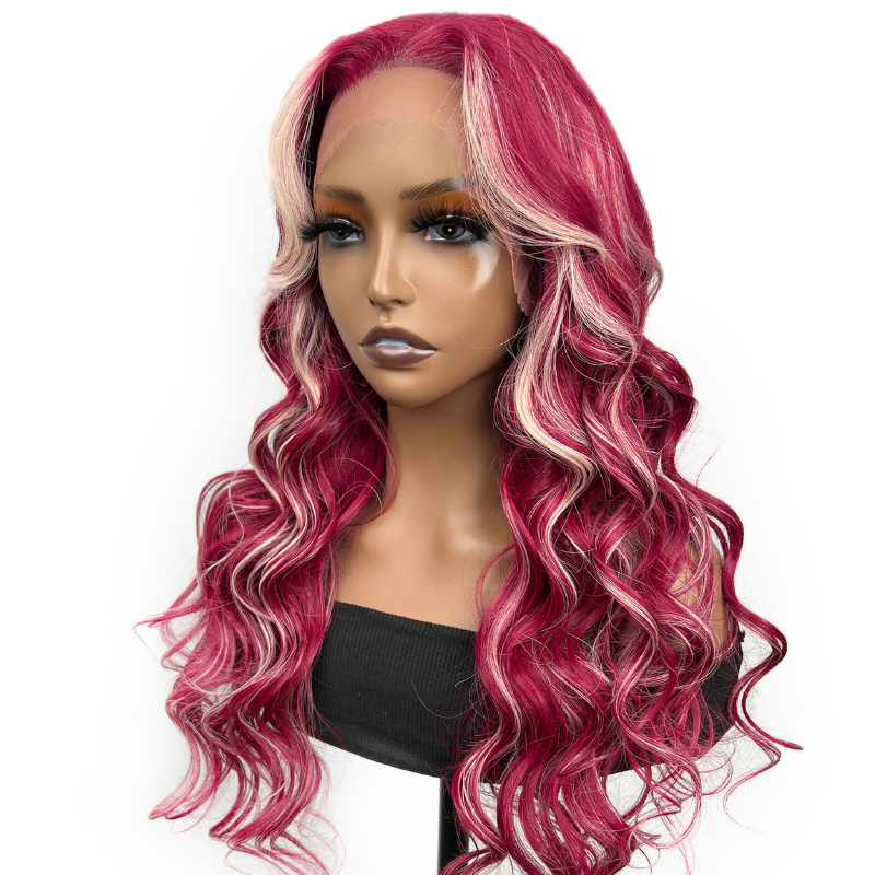 【24inch】Sunber Pink Mix With Blonde Highlight 13 By 4 Lace Front Wigs High Quality Human Hair Flash Sale