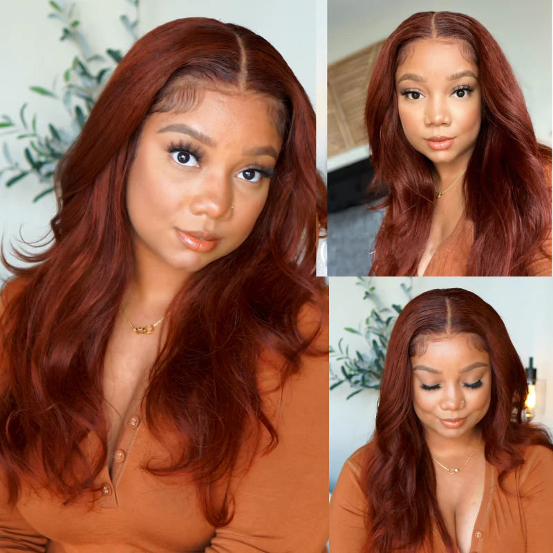 50% OFF Sunber Kinky Straight Reddish Brown Lace Front Wig Dark Auburn Copper Color Human Hair Wigs