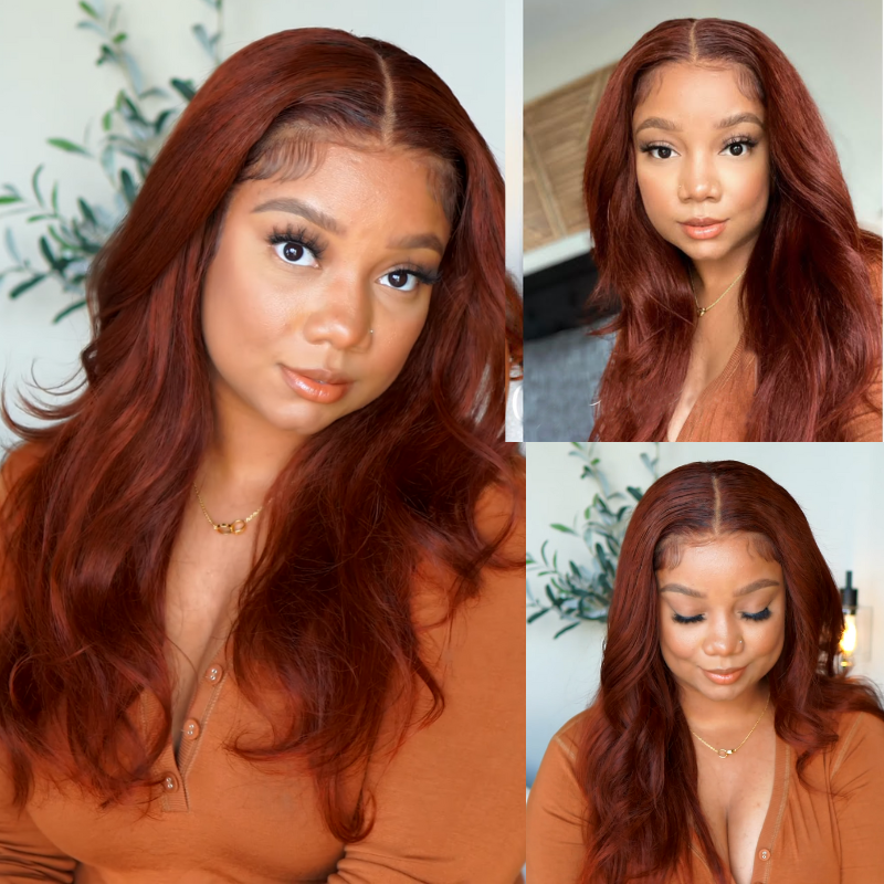 BOGO Sunber Kinky Straight Reddish Brown Lace Front Wig Dark Auburn Copper Color Human Hair Wigs