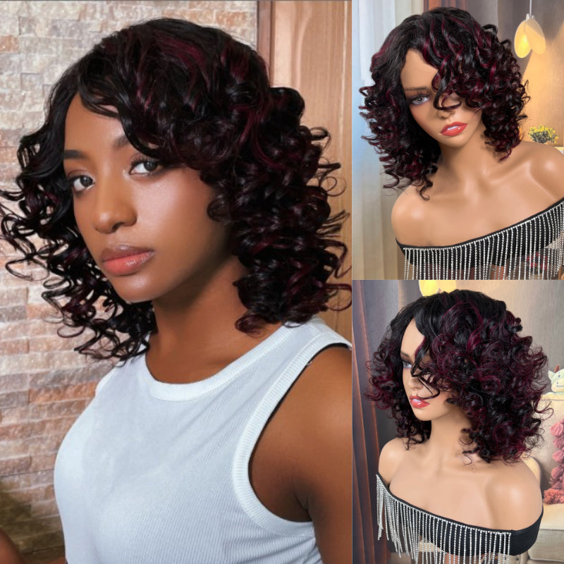 2 Wigs $99 Sunber Straight Bob With Bangs And Highlight Burgundy Bouncy Curl Wigs Flash Sale