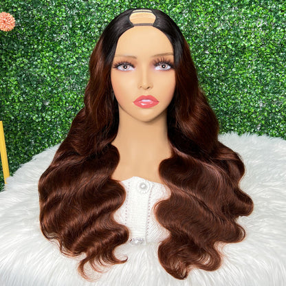 Sunber Reddish Brown With Dark Roots Body Wave U Part Wig