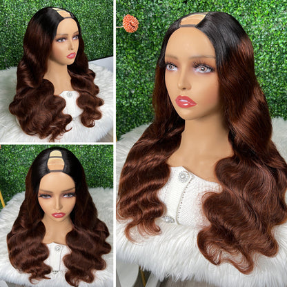 Sunber Reddish Brown With Dark Roots Body Wave U Part Wig