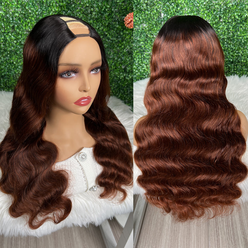 Sunber Reddish Brown With Dark Roots Body Wave U Part Wig