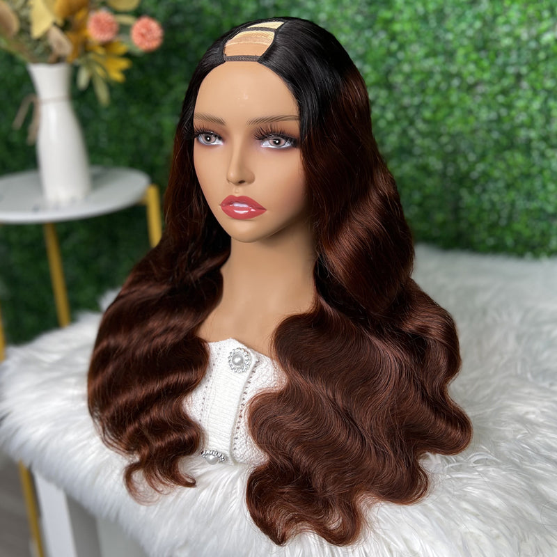 Sunber Reddish Brown With Dark Roots Body Wave U Part Wig