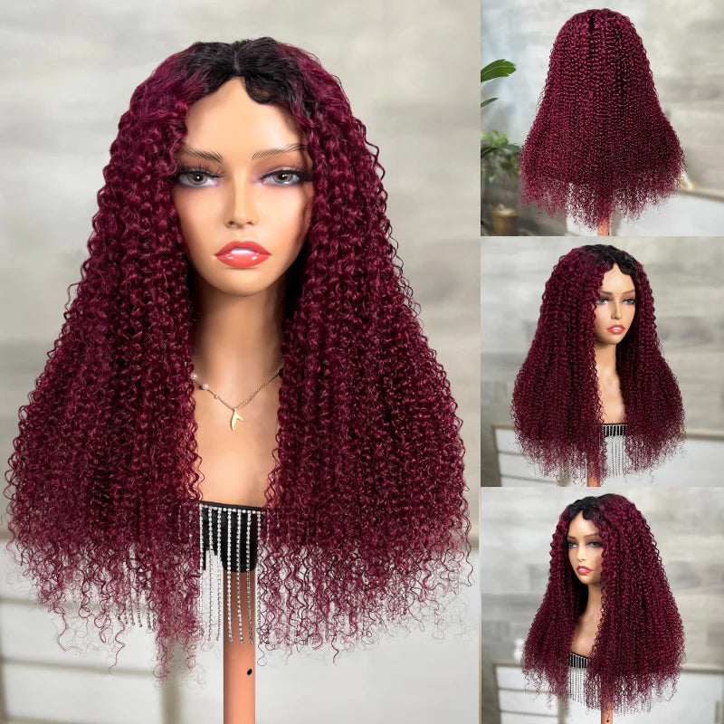 Flash Sale Sunber Ombre 99j Burgundy Colored Jerry Curly V Part Human Hair Wig Luxury Density