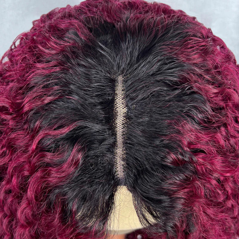 Flash Sale Sunber Ombre 99j Burgundy Colored Jerry Curly V Part Human Hair Wig Luxury Density