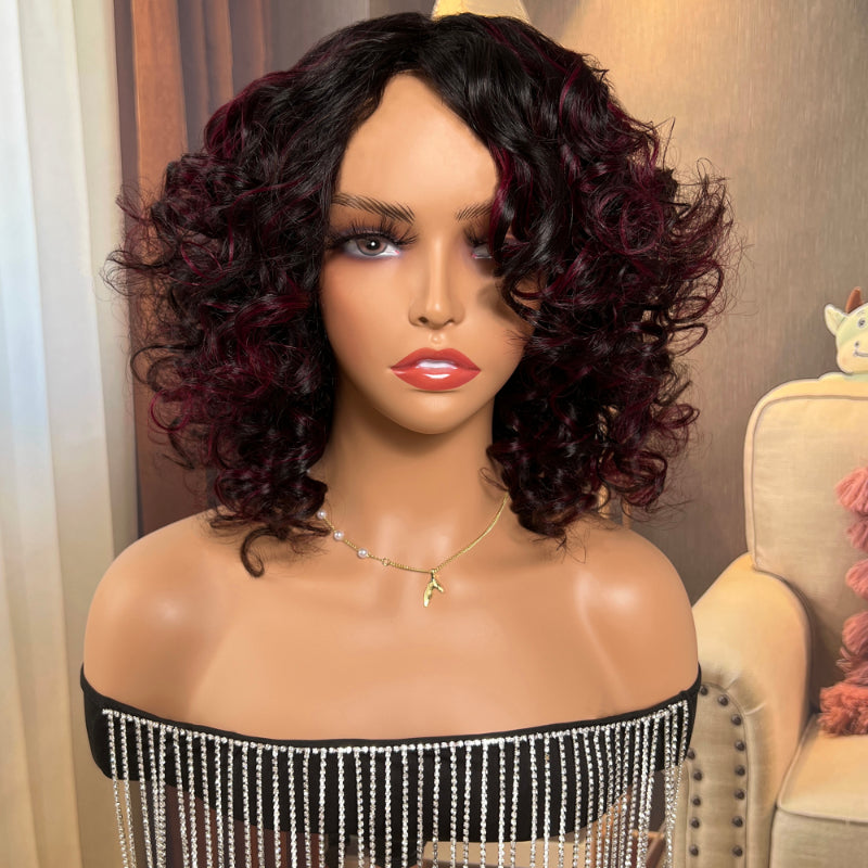 Sunber Curly Short Bob 99j Highlighted Glueless Wig With Bangs