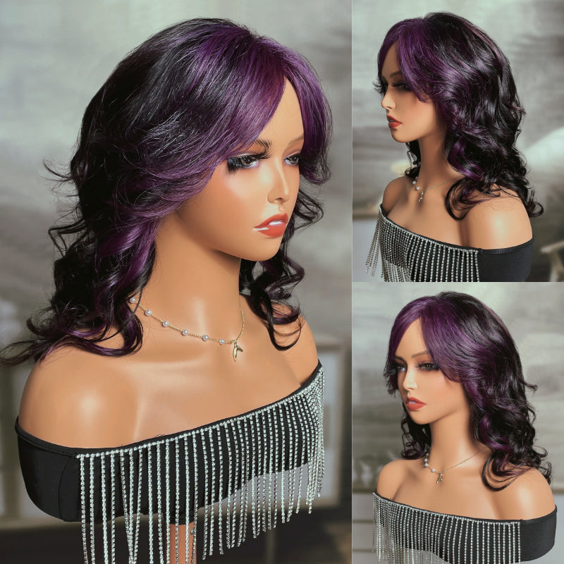 Sunber Wolf Cut Glueless Body Wave Bob Wig Purple Skunk Stripe With Open Weft Wig