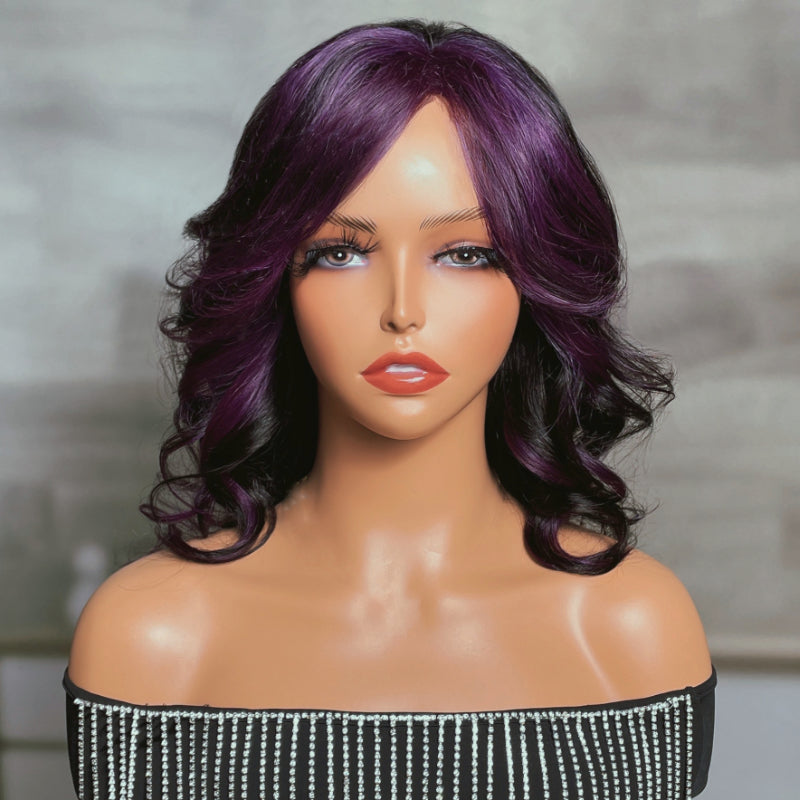 Sunber Wolf Cut Glueless Body Wave Bob Wig Purple Skunk Stripe With Open Weft Wig