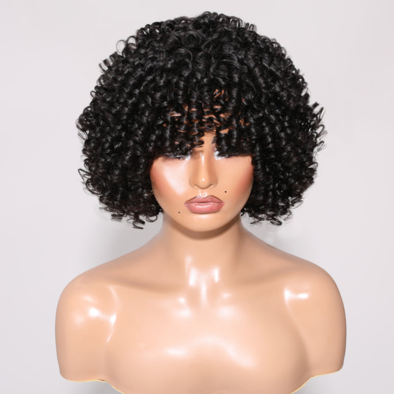 Sunber  Curly Fringe Black Glueless Short Wig With Bangs