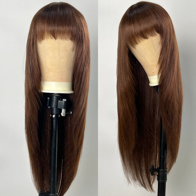 Flash Sale Sunber Chocolate Brown Layer Cut Straight Glueless Wigs With Bangs Affordable Human Hair Wigs