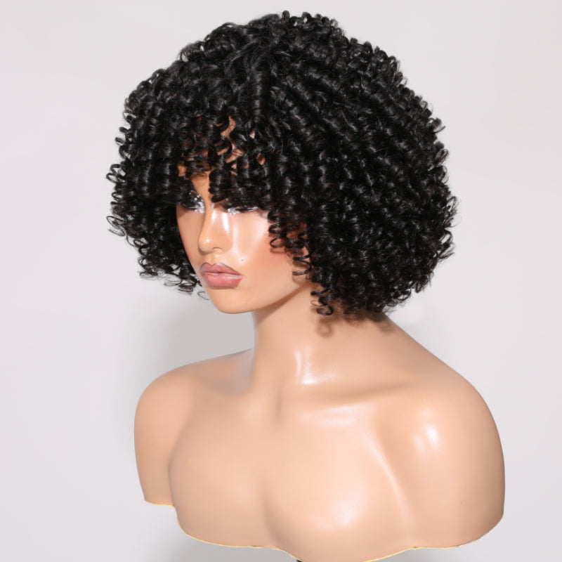 Sunber  Curly Fringe Black Glueless Short Wig With Bangs