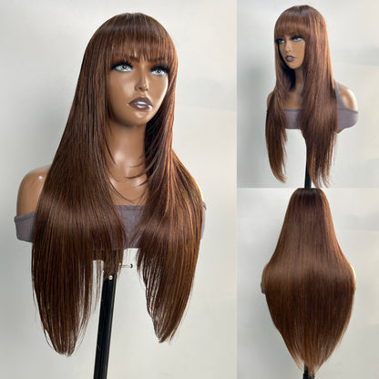 Flash Sale Sunber Chocolate Brown Layer Cut Straight Glueless Wigs With Bangs Affordable Human Hair Wigs