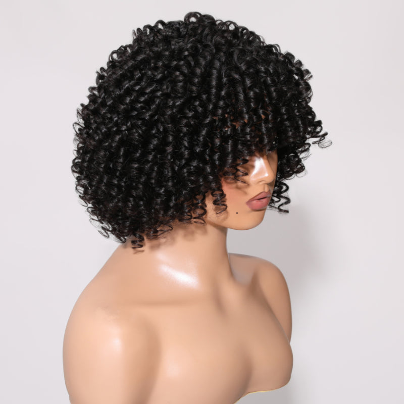 Sunber  Curly Fringe Black Glueless Short Wig With Bangs