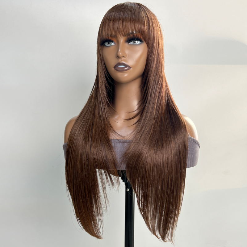 Flash Sale Sunber Chocolate Brown Layer Cut Straight Glueless Wigs With Bangs Affordable Human Hair Wigs