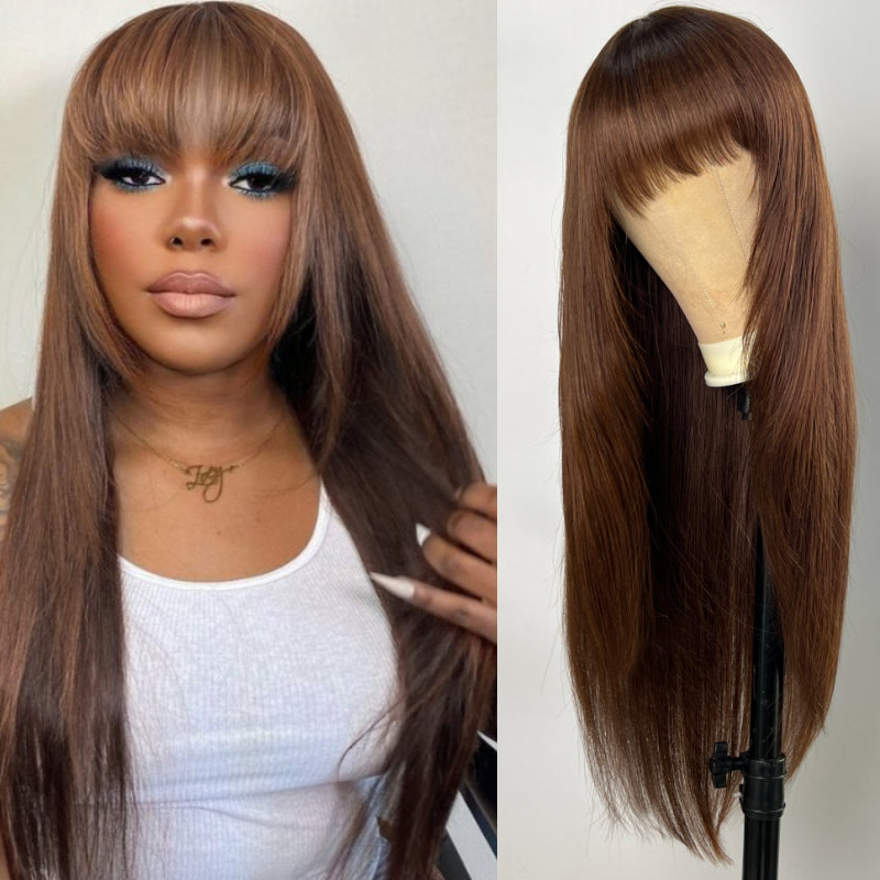 Flash Sale Sunber Chocolate Brown Layer Cut Straight Glueless Wigs With Bangs Affordable Human Hair Wigs